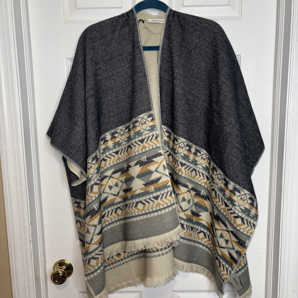 Quagga Soft Poncho Shawl Aztec Aqua Gray Gold Fringed. One Size Laganlook 1840